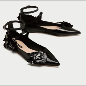 Zara Black Leather Flats with Flower Details